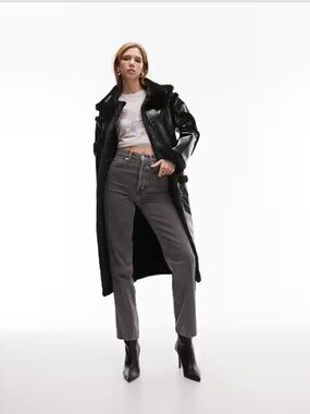 Topshop longline borg aviator coat with hood BLACK US 6